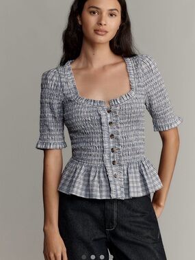 Smocked Blue Plaid Peplum Button Front Blouse